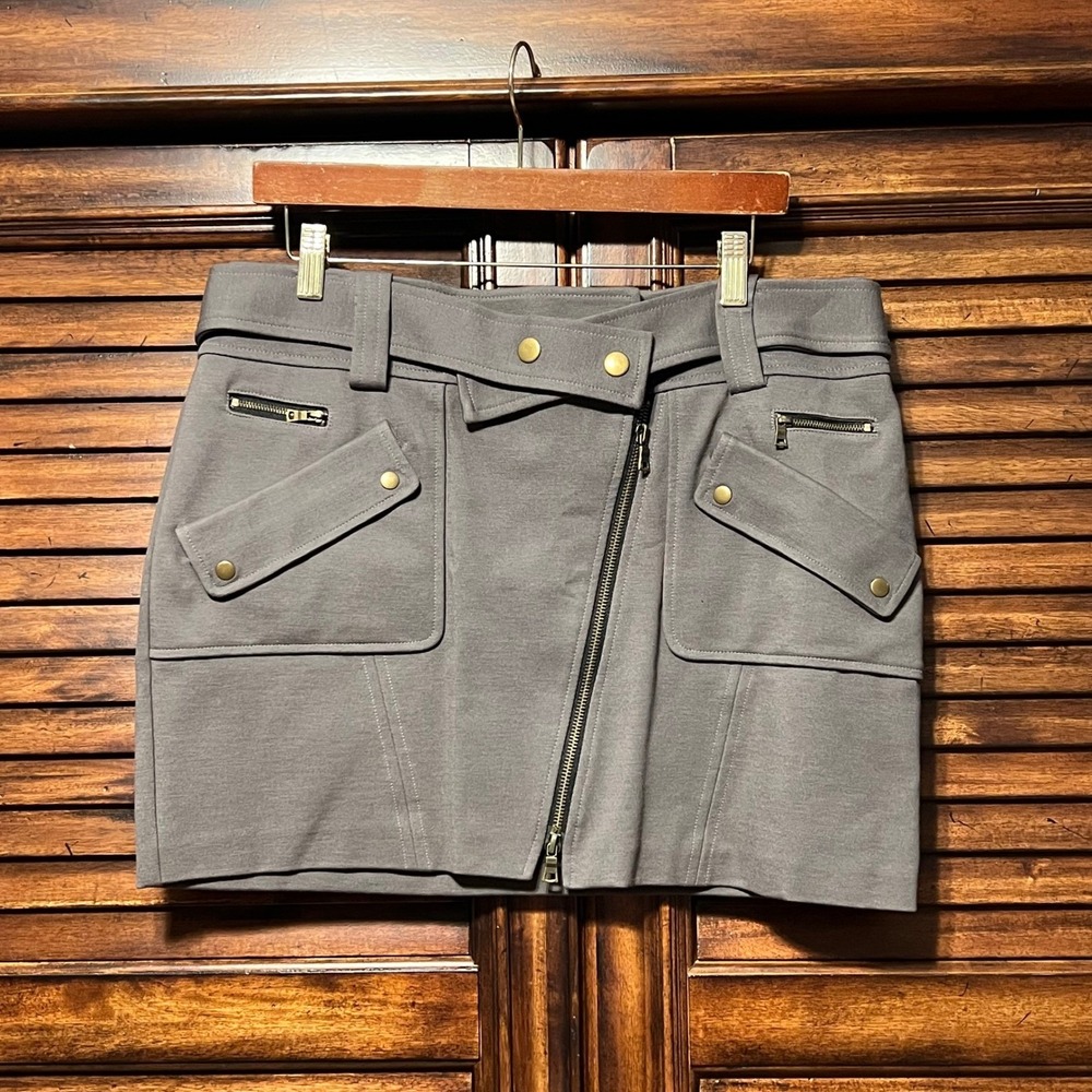 Cynthia Steffe Army Gray Utility Mini Skirt Asymmetric Zip Cargo Pockets Size 12
